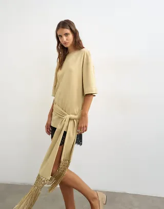 Topshop premium fringe tie detail tee in stone