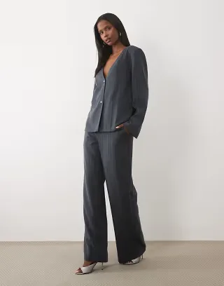 VILA tailored wide leg pants in dark heather gray pinstripes - part of a set