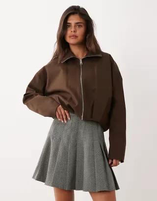 Nobody's Child herringbone high rise pleated mini skirt in gray