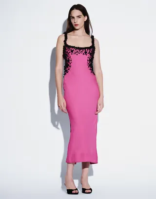 ASOS DESIGN backless 3D embellished edge midaxi column dress in pink & black