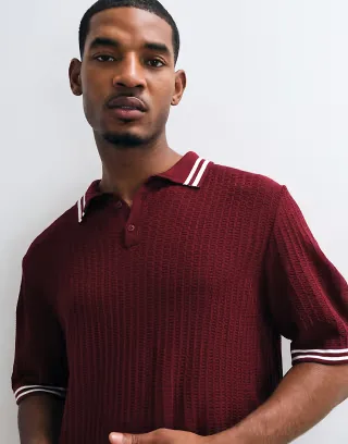 ASOS DESIGN oversized knitted polo with red tipping in burgundy