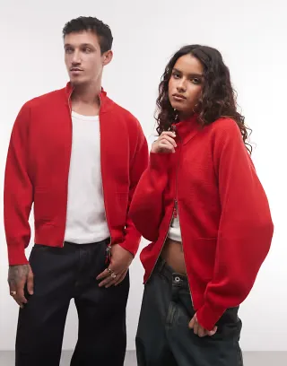 Reclaimed Vintage unisex fine knit funnel neck zip up cardigan in red