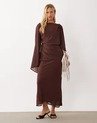 ASOS DESIGN kimono sleeve cape detail draped midaxi dress with open back in chocolate