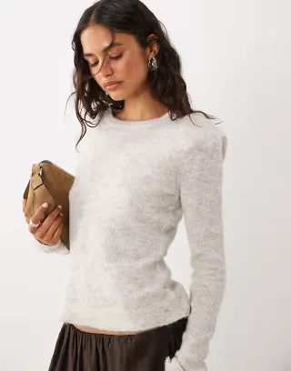 4th & Reckless wool feel shoulder pad knit long sleeve top in ivory