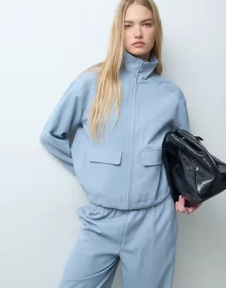 4th & Reckless funnel neck pocket front cropped jacket set in blue