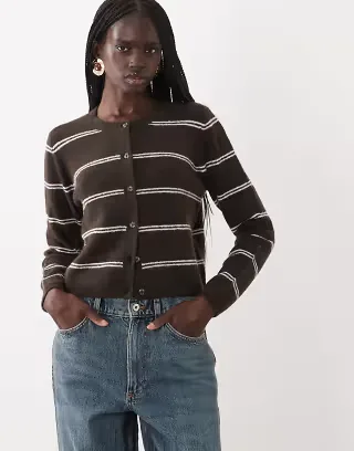JDY crew neck cardigan in brown and gray stripe