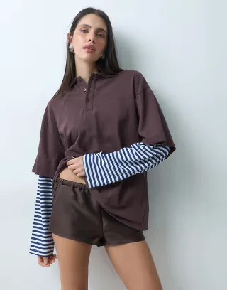 Lioness exclusive Calla 2 in 1 oversized polo and striped long sleeve shirt in chocolate and blue stripe
