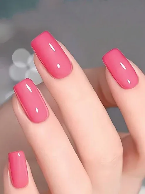 24pcs Baby Pink Short Square Press On Acrylic Nails Solid Color Jelly Material Plain Simple Minimalist Artificial False