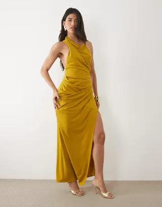 ASOS DESIGN ruched waist high neck maxi dress with open back in ocher