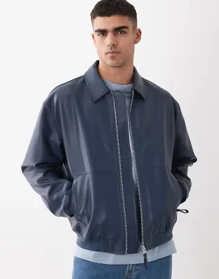 ASOS DESIGN faux leather oversized bomber jacket in navy