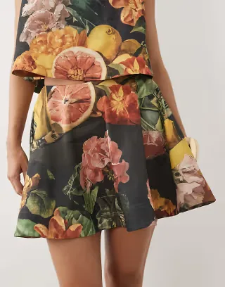 ASOS DESIGN bonded circle voluminous skirt in fruit print - part of a set