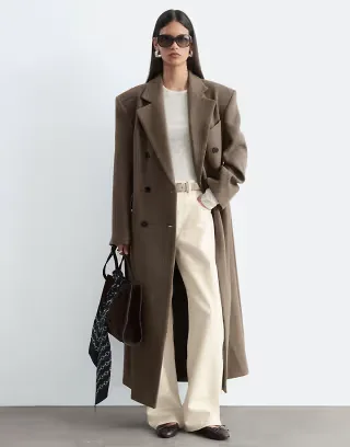 & Other Stories wool double breasted maxi coat with bold shoulder details in beige houndstooth