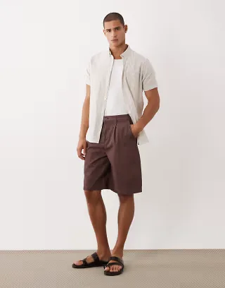 ASOS DESIGN loose denim jorts in brown wash with pleats