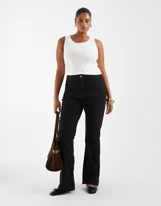 ONLY Curve high rise front pocket pintuck flare jeans in black denim