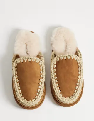 Mou shearling lined overstitch suede slippers in cognac