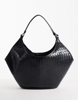 Glamorous woven shoulder tote bag in black weave