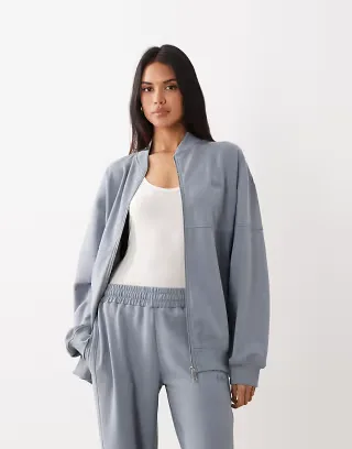 Kaiia cotton rich premium interlock oversized zip up jacket in gray - part of a set
