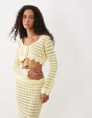 Miss Selfridge crochet long sleeve tie front cardigan in butter yellow - part of a set