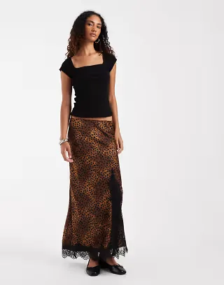 ONLY Tall lace trims satin maxi skirt with split in animal print