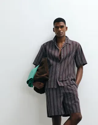 ONLY & SONS relaxed fit seersucker shirt with resort collar in dark brown and blue stripe - part of a set