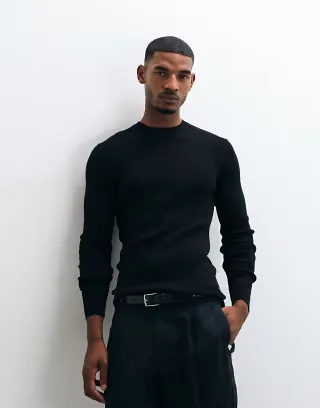 ASOS DESIGN Essentials micro rib muscle fit lightweight knit sweater in black