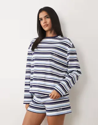 4th & Reckless cotton rich pocket front embroidered logo wide sleeve t-shirt in navy stripes - part of a set