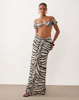 Missyempire mesh bardot twist front beach cropped top and maxi skirt set in black & white zebra print