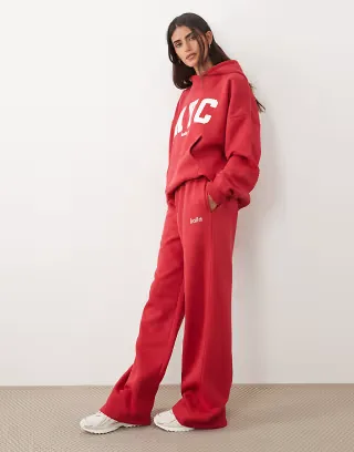 Kaiia cotton rich embroidered logo detail wide leg sweatpants in red and white - part of a set