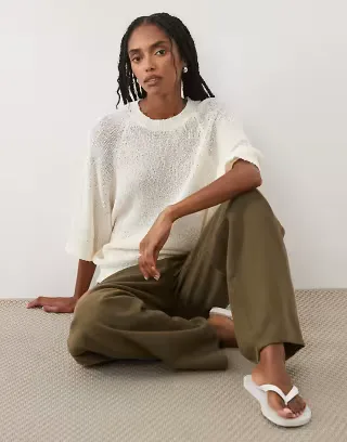 ASOS DESIGN crew neck slouchy drop sleeve T-shirt in cream