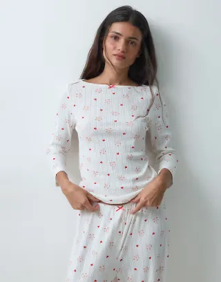 ASOS DESIGN gingerbread print pointelle boatneck pyjama top in white