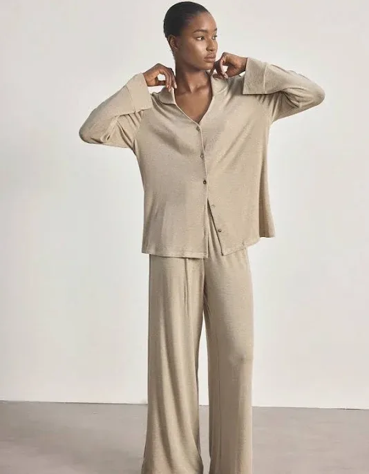 Ocili Khaki Loose Fit Pajama Set Women's Pyjamas PJs Sleepwear Rayon Knitted Fabric Lapel Drop Shoulder Pant Set Soft Co