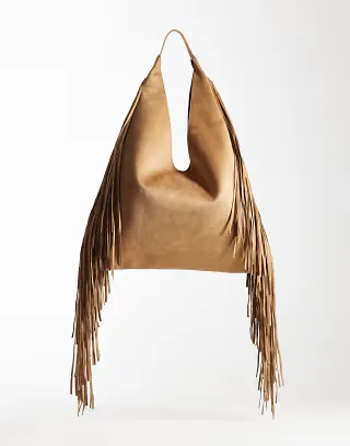 Glamorous faux suede slouchy fringe tote bag in tan