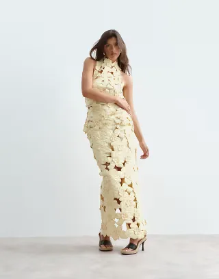 ARRANGE floral embroidered linen cutwork midi skirt in buttermilk - part of a set