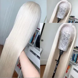 180density Platinum Blonde Human Hair White Straight Front Wigs for Women HD Transparent Synthetic Lace Fronal Wig 13x4/