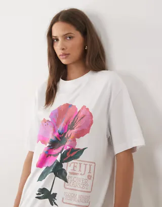 ASOS DESIGN oversized t-shirt with Fiji flower graphic in white