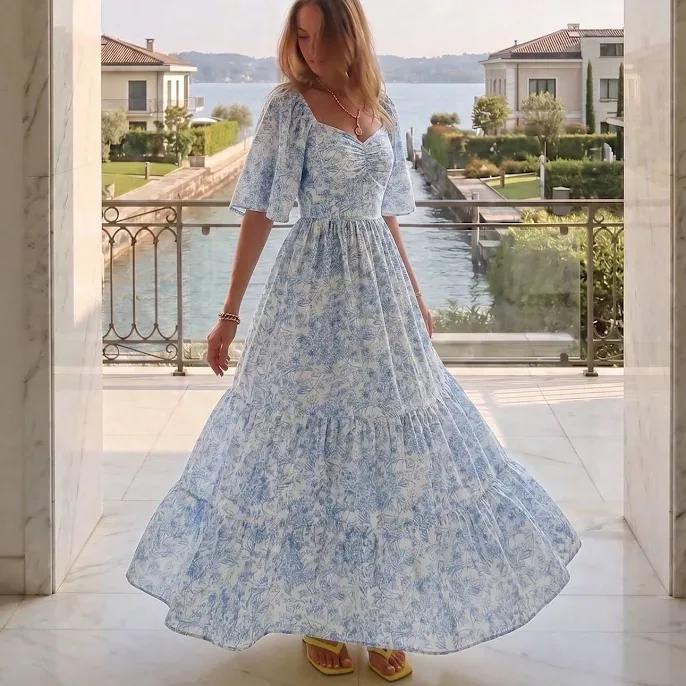 Selianne Blue Floral Print Maxi Dress Women's Cocktail Short Bridal Ruffled Short Puff Sleeve Sweetheart Neck High Waist