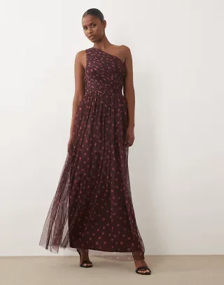 Lace & Beads tulle one shoulder maxi dress in purple polka dots