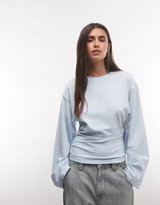 Weekday cinched waist long sleeve T-shirt in dusty blue