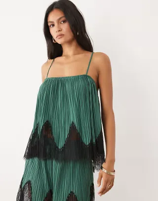 ASOS DESIGN mix & match plisse square neck cami in teal with black lace trim