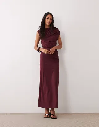 4th & Reckless double layered slinky draped waist detailing high neck cap sleeve maxi dress in burgundy