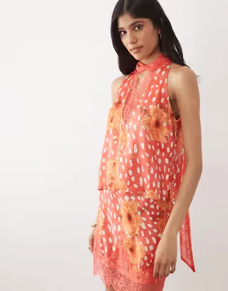 Never Fully Dressed satin v-neck scarf detail top in red print - part of a set