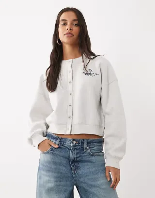 Abercrombie & Fitch preppy boxy cardigan in light gray