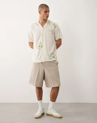 Selected short sleeve shirt with floral print in cream
