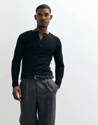 ASOS DESIGN slim fit long sleeve t-shirt with henley neck in black