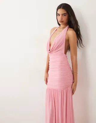 ASOS DESIGN plunge cowl mesh maxi dress with ruched drop waist detail in pink