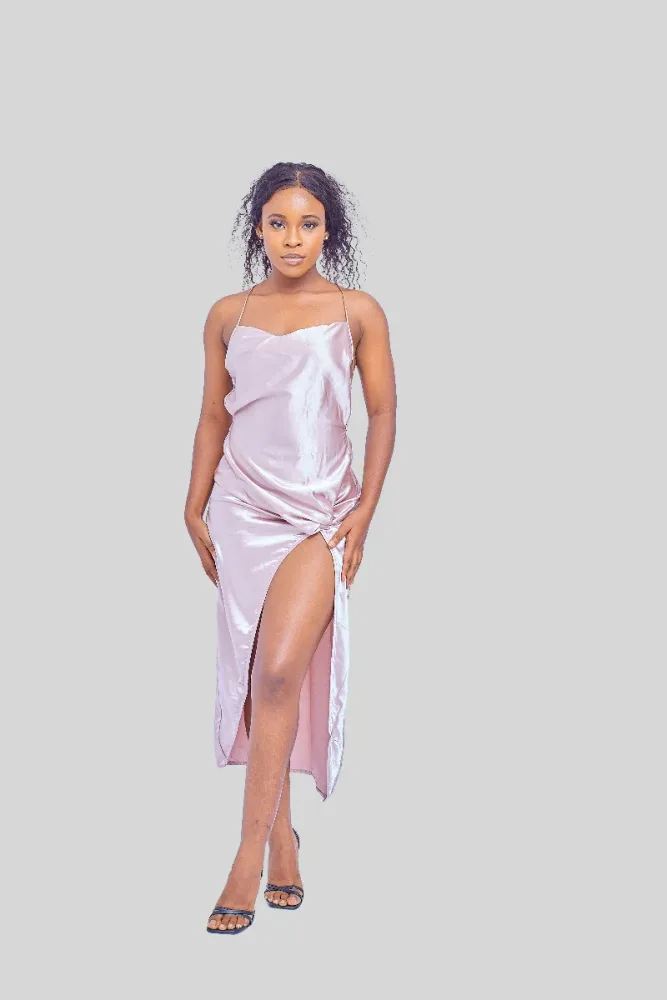 SATIN LACE BACK FRONT KNOT SLIT DRESS