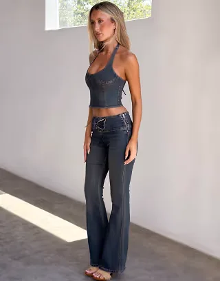 Tiger Mist Riona denim halterneck cup detail crop top and flared jeans set in blue vintage wash