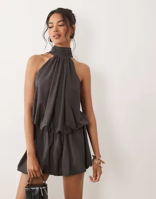 ASOS DESIGN linen look puffball halter neck top in charcoal - part of a set