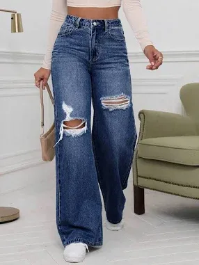 Shein Women's High Waist Ripped Wide Leg Jeans