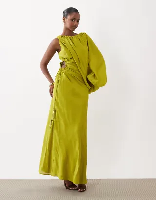 ASOS DESIGN one-shoulder blouson maxi dress with cut-out waist in lime green
